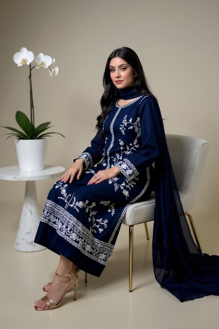 Preet Dark Blue Stitched 3-Piece Embroidered Dress