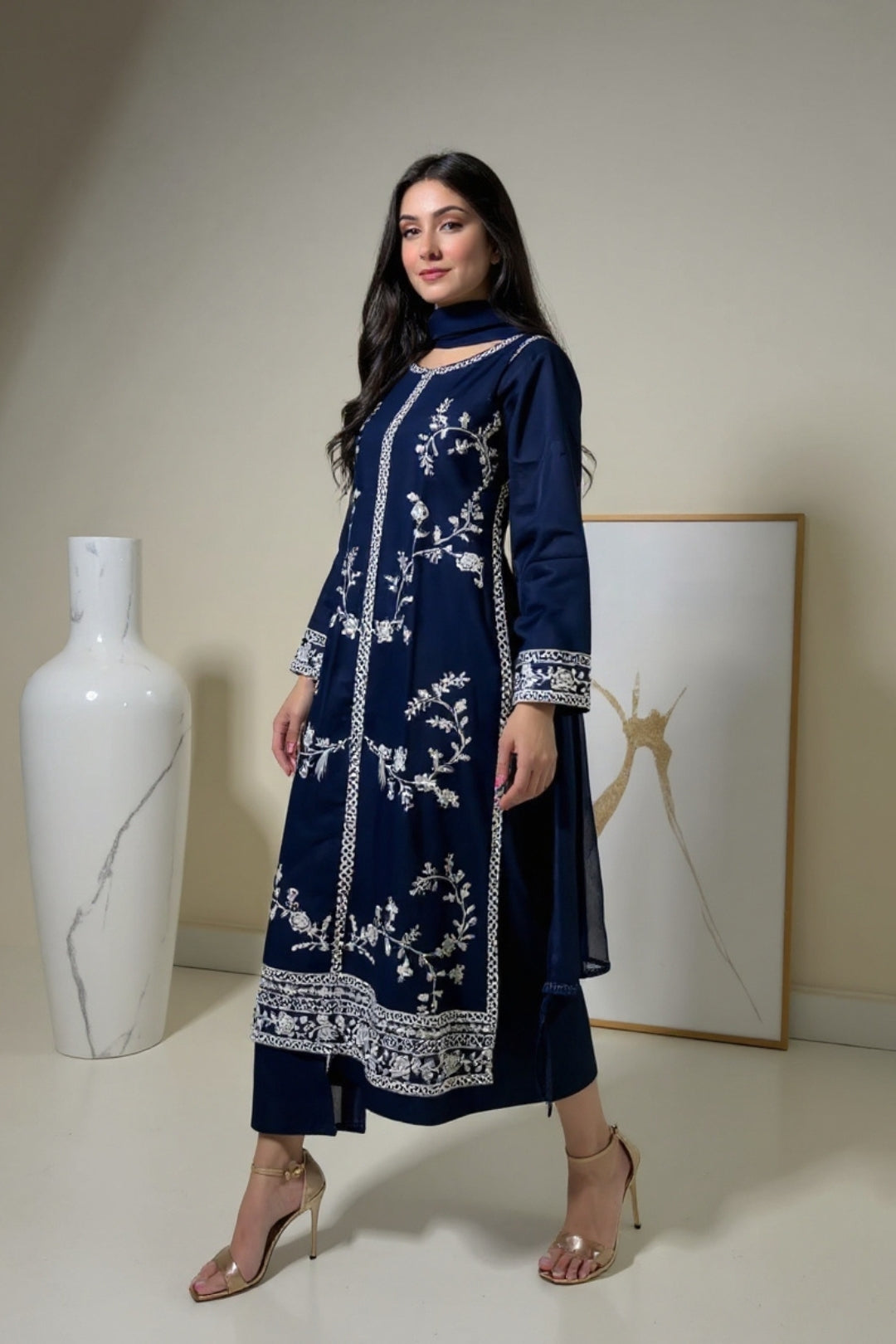 Preet Dark Blue Stitched 3-Piece Embroidered Dress