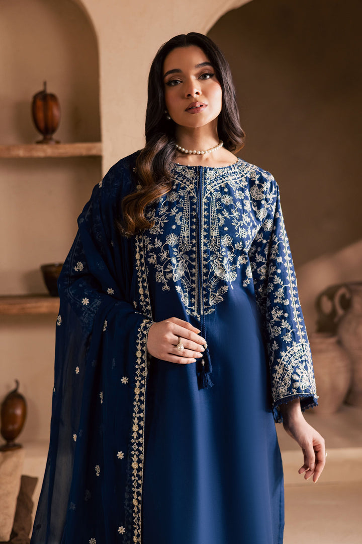 Elegant Blue Embroidered Khaddar 3-Piece Dress with Soft Pashmina Dupatta