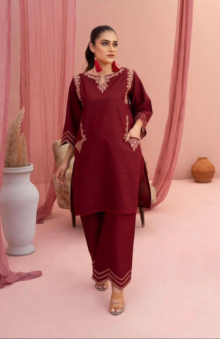 Best Selling - HINT OF MAROON - 2PC EMBROIDERED SUIT