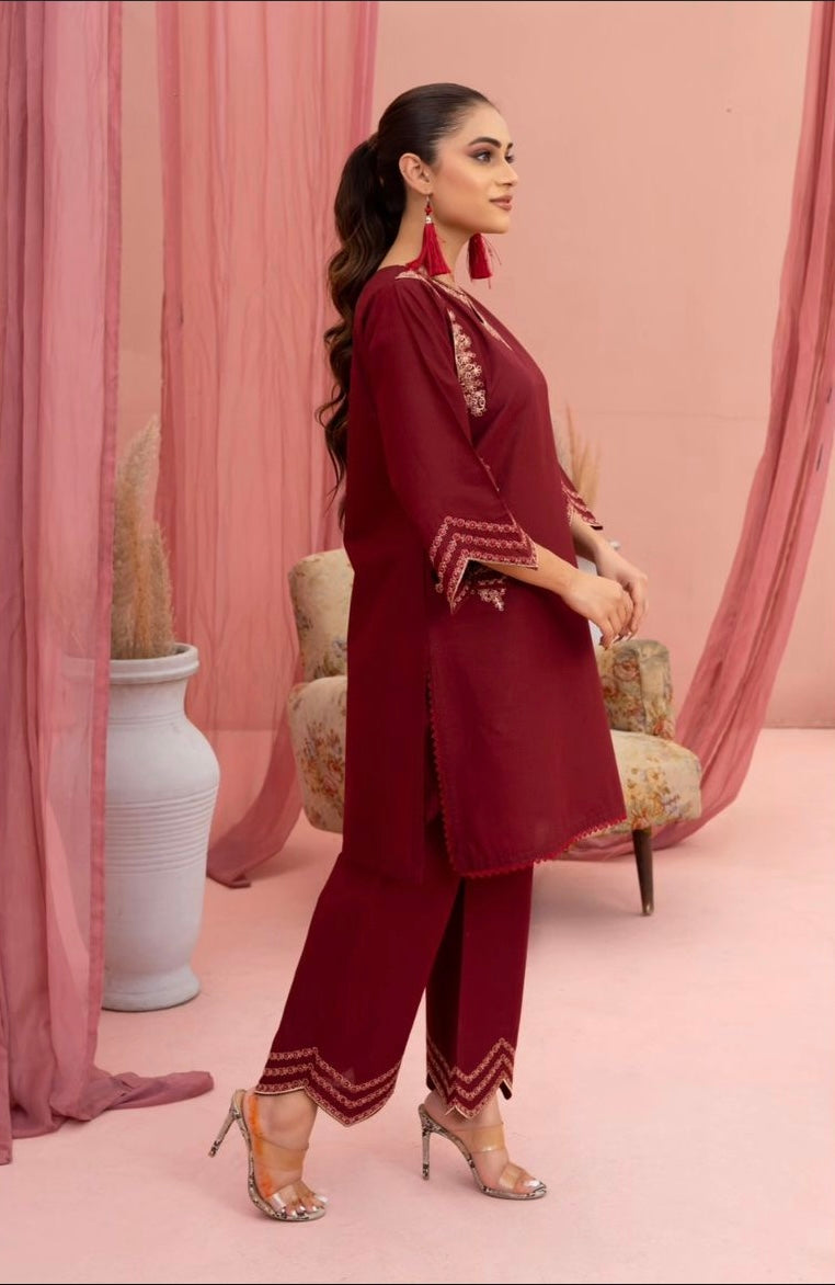 Best Selling - HINT OF MAROON - 2PC EMBROIDERED SUIT