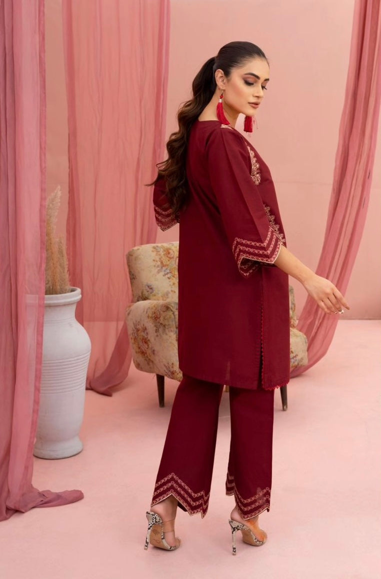 Best Selling - HINT OF MAROON - 2PC EMBROIDERED SUIT