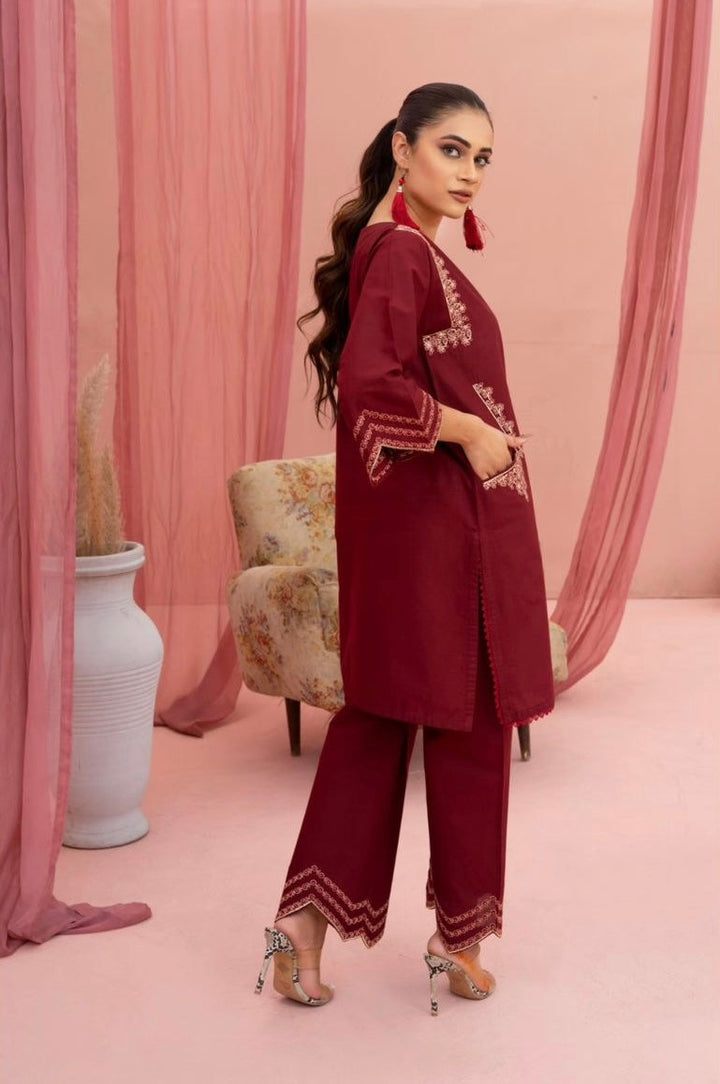 Best Selling - HINT OF MAROON - 2PC EMBROIDERED SUIT