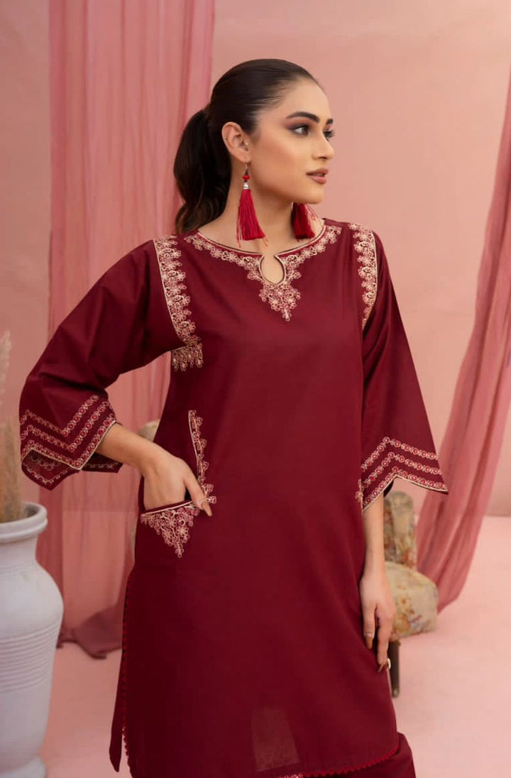 Best Selling - HINT OF MAROON - 2PC EMBROIDERED SUIT