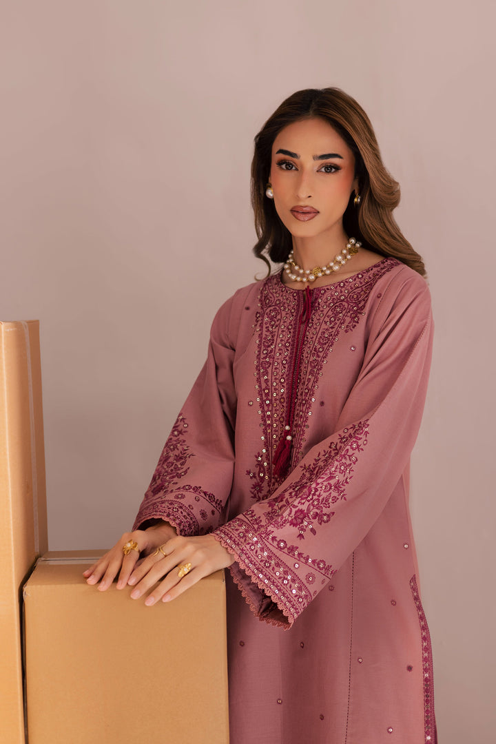 Charming Roop 2-Piece Tea Pink Embroidered Khaddar Dress | Winter Pret Collection