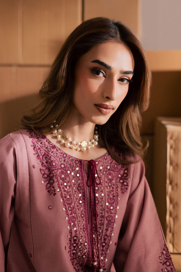 Charming Roop 2-Piece Tea Pink Embroidered Khaddar Dress | Winter Pret Collection