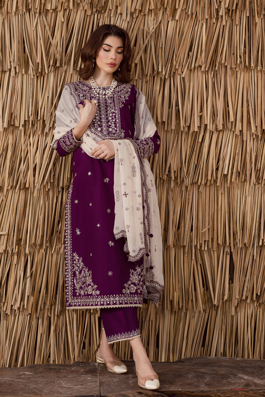 Elegant Purple Embroidered Khaddar 3-Piece Dress with Sequin Details & Culottes
