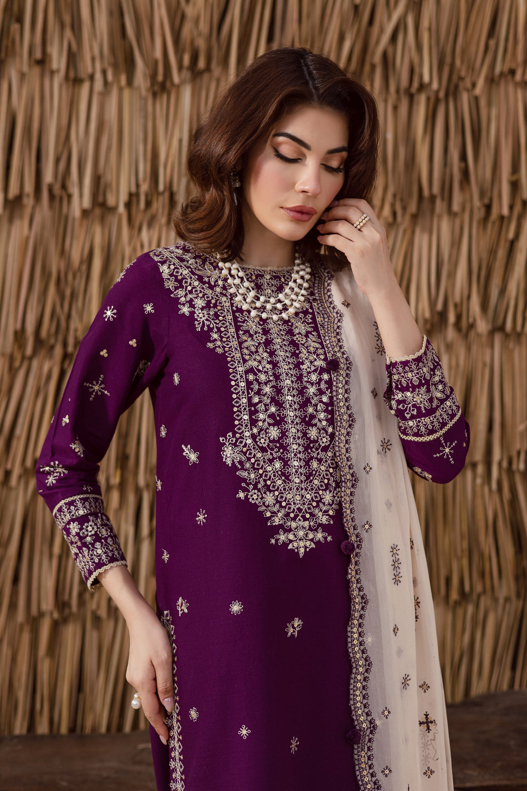 Elegant Purple Embroidered Khaddar 3-Piece Dress with Sequin Details & Culottes