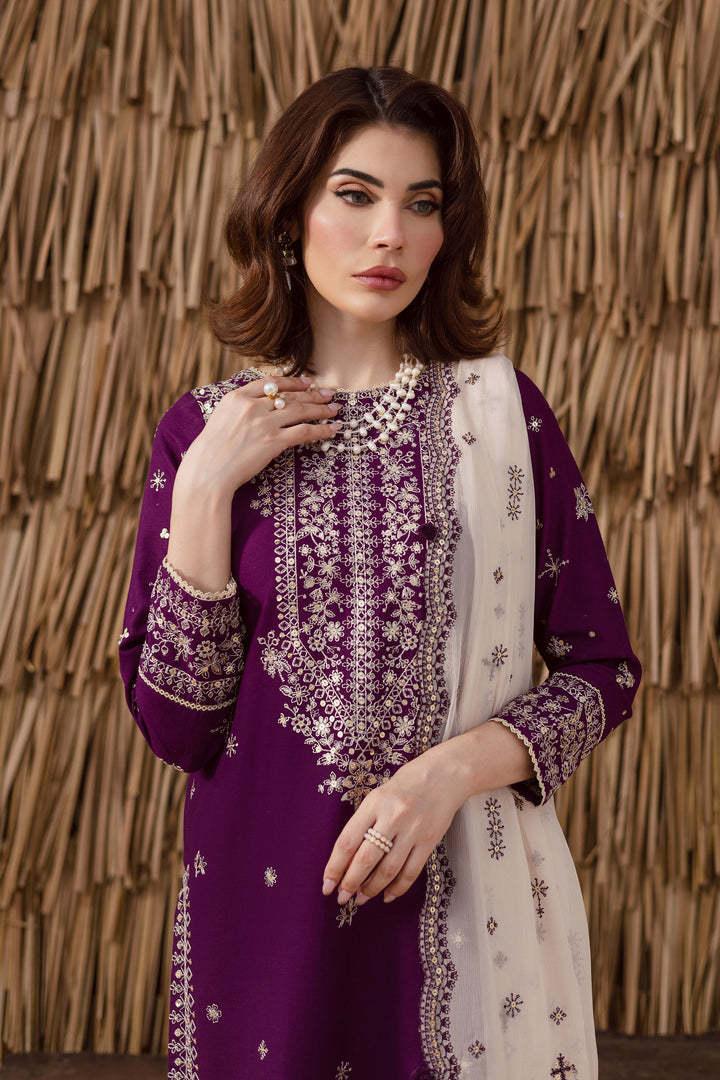 Elegant Purple Embroidered Khaddar 3-Piece Dress with Sequin Details & Culottes
