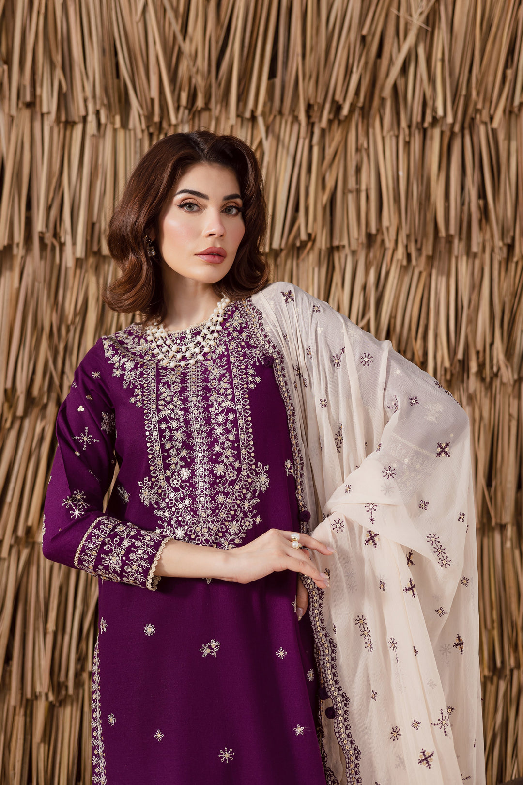 Elegant Purple Embroidered Khaddar 3-Piece Dress with Sequin Details & Culottes