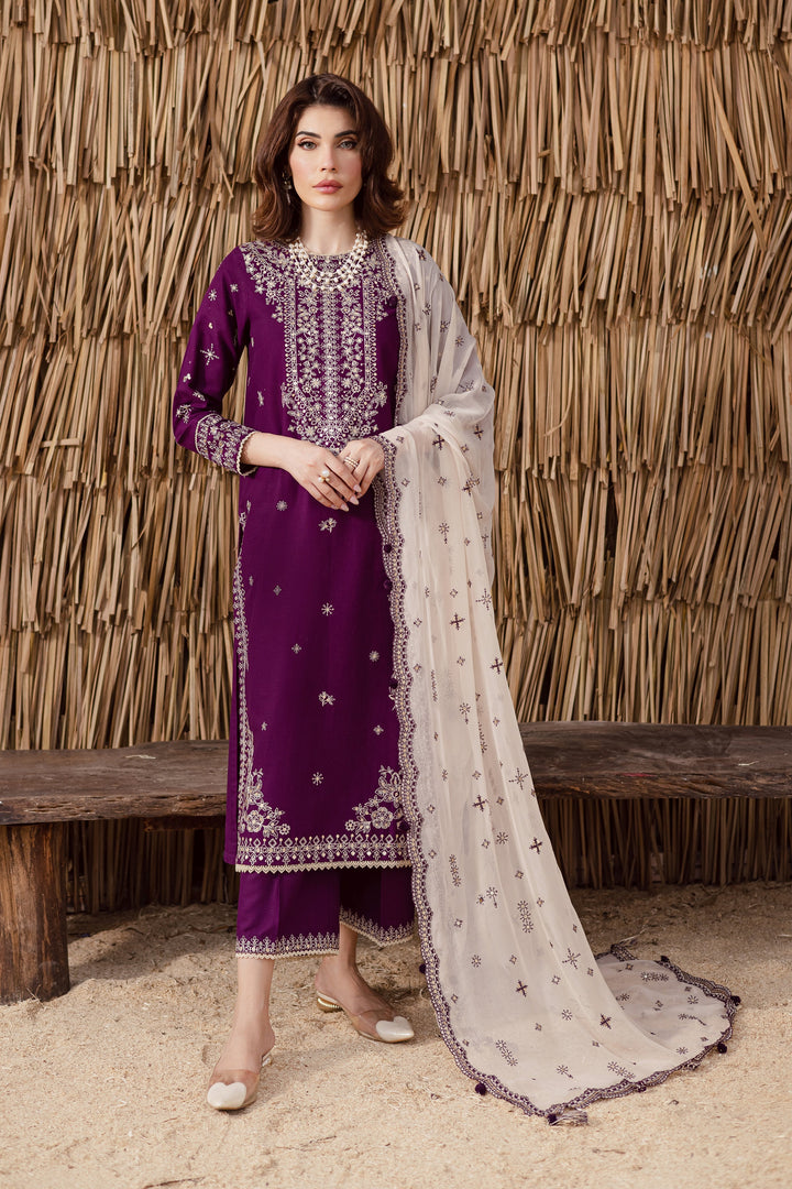 Elegant Purple Embroidered Khaddar 3-Piece Dress with Sequin Details & Culottes