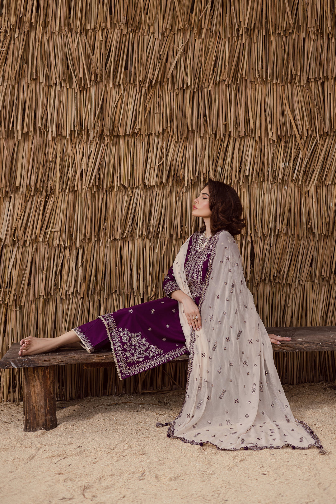 Elegant Purple Embroidered Khaddar 3-Piece Dress with Sequin Details & Culottes