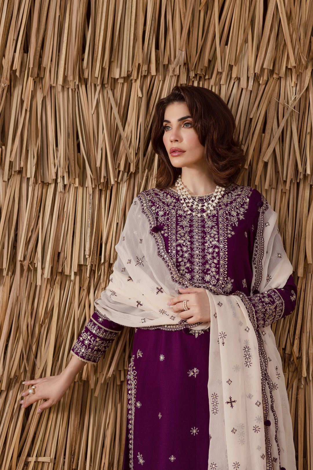 Elegant Purple Embroidered Khaddar 3-Piece Dress with Sequin Details & Culottes